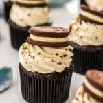These Chocolate Cookies and Cream Cupcakes combine an easy cupcake recipe with a creamy, whipped frosting both inside and on top. These are a real chocolate vanilla treat.