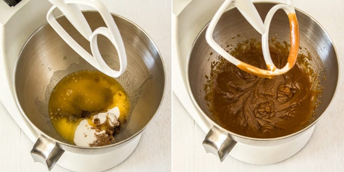 Two images side by side. One shows butter and sugar in a metal bowl, the other has cocoa added. 