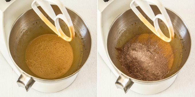 A collage showing mixed butter and sugar in a metal mixing bowl, and flour & cocoa added.