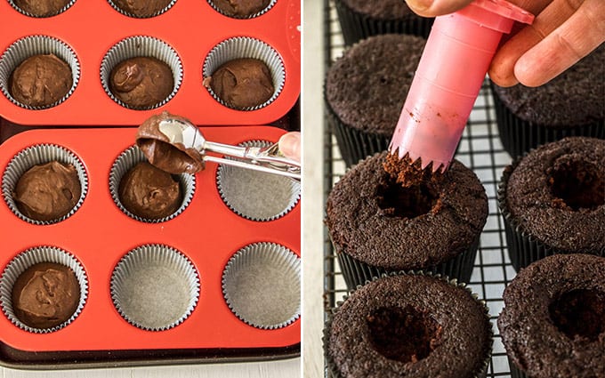 Two images side by side. One shows batter being spooned into cupcake liners, the other shows a hole being cut in the centre of baked cupcakes