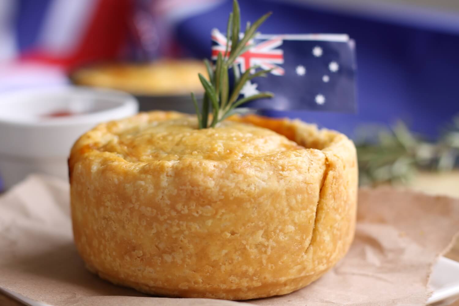 A small pie with a mini Australian flag stuck in.