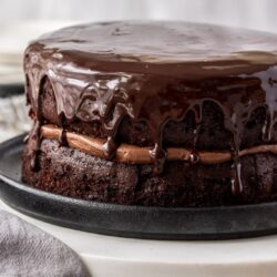 A close up of a two layer chocolate cake