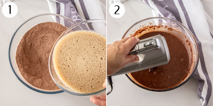 2 photos: A bowl of dry ingredients and a bowl of wet ingredients being mixed together, an electric mixer beating the chocolate cake batter.