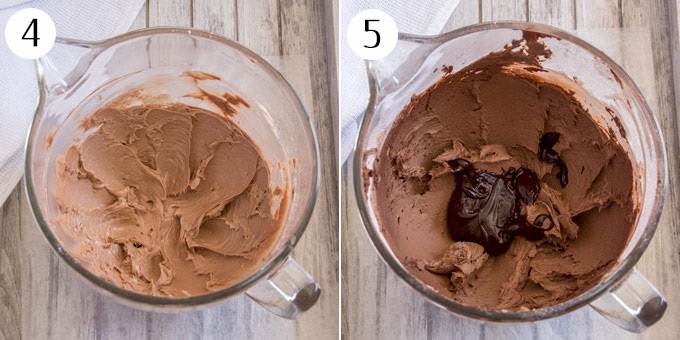 2 photos: Chocolate buttercream in a mixing bowl, then adding chocolate ganache