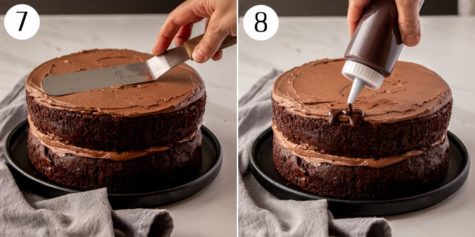 2 photos: Spreading buttercream on a chocolate cake then adding chocolate ganache