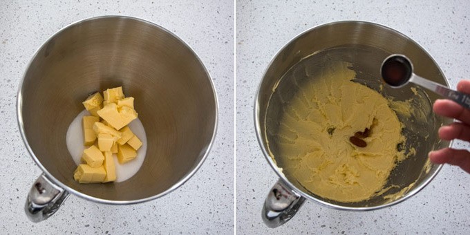 2 photos: butter and sugar is creamed together in a metal bowl, vanilla is added.
