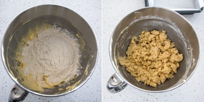2 photos: cookie base is being prepared in a metal bowl.