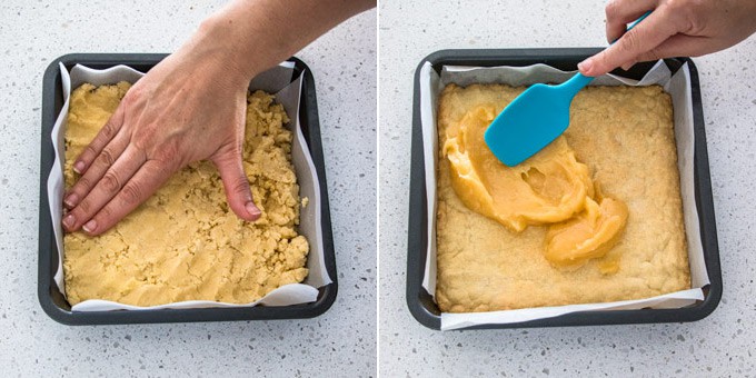 2 photos: adding cookie base to a square tin, spreading lemon curd on top.