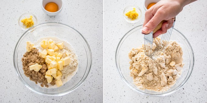 2 photos: ingredients for crumble topping in a glass bowl, butter is cut into the flour with a pastry blender.