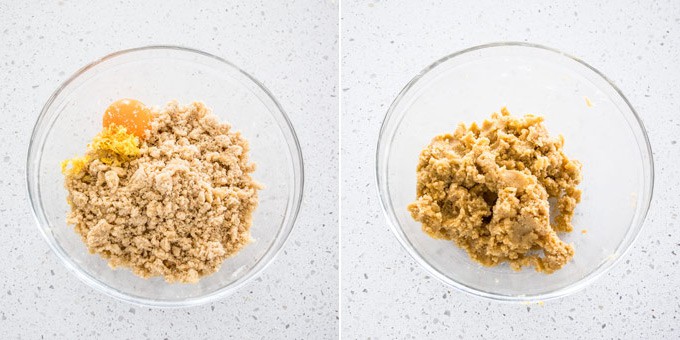 2 photos: making crumble topping in a glass bowl.
