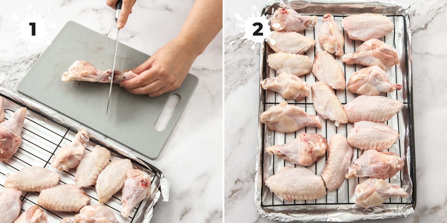 Cutting chicken wings and placing them on a rack.