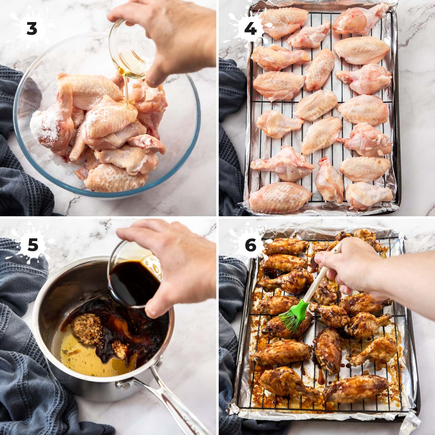 4 images showing the making of sticky chicken wings.