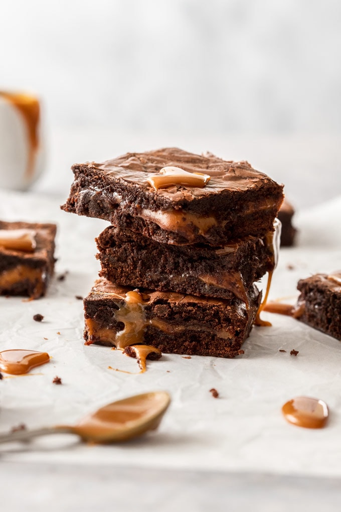 A stack of 3 chocolate caramel brownies