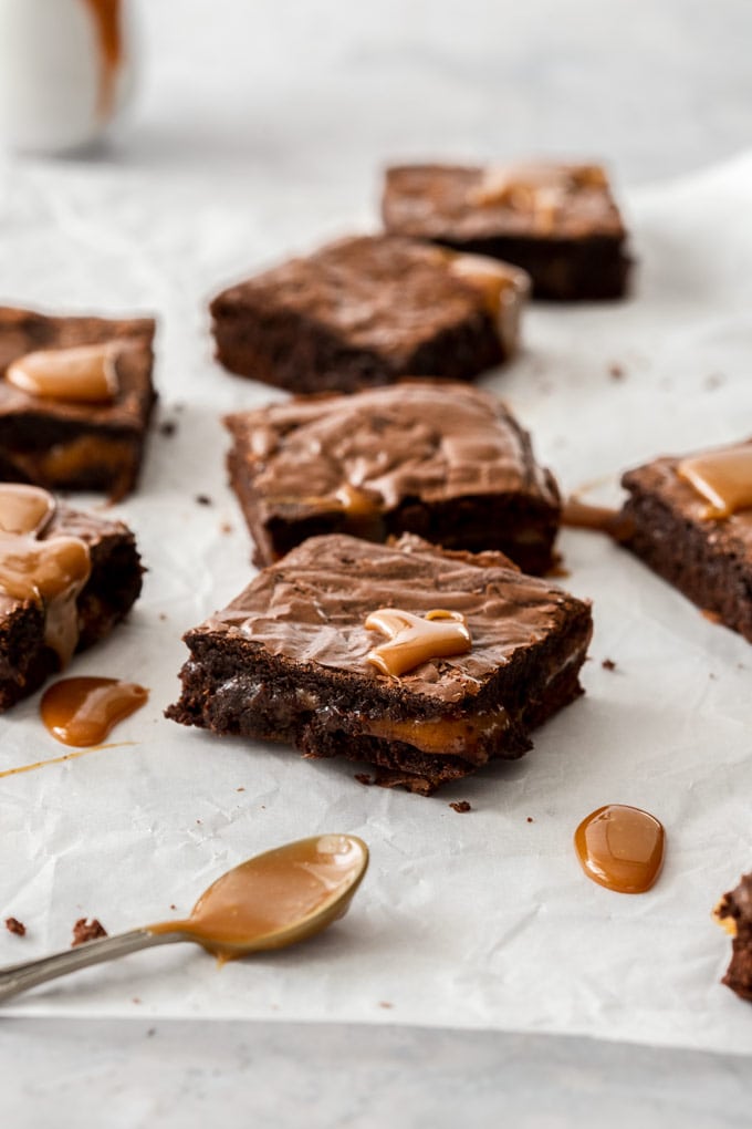 Brownies with caramel centre and caramel drizzled on top