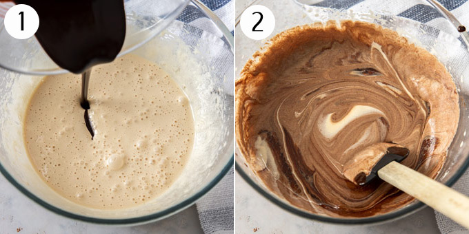 2 photos showing: Eggs and sugar beaten together in a bowl until frothy, chocolate is added
