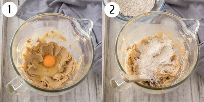 2 photos: Making cupcake batter in a glass mixing bowl, egg is added, then flour is added.