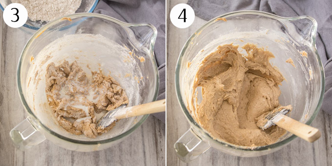 2 photos showing mixing together the batter for cinnamon cupcakes