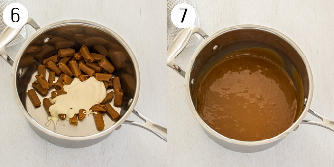 2 photos: Caramel & cream combined in a saucepan, then cooked into a smooth caramel sauce.