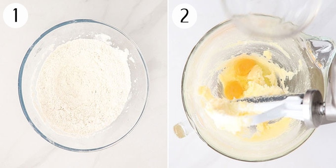 Collage of 2 photos showing the mixing of cake batter