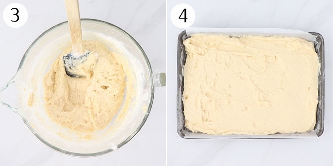 2 photos: Cake batter in a mixing bowl, then spread into a 9x13 inch baking tin