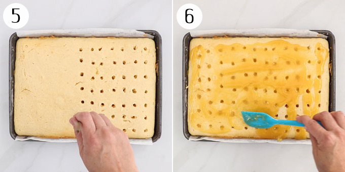2 photos showing a baked sheet cake having holes poked into it and covered with lemon curd.