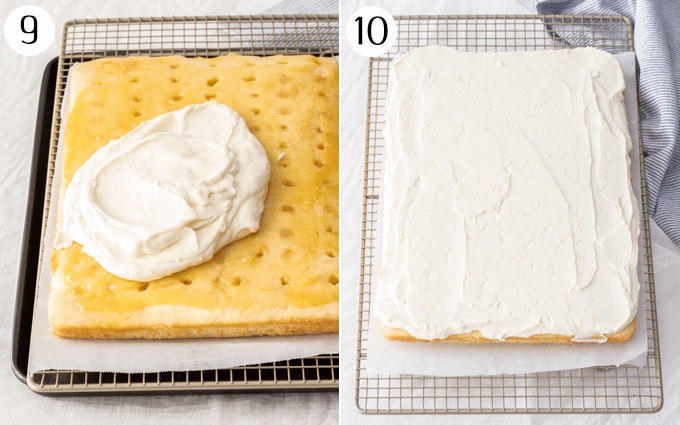 2 photos showing lemon ricotta cream being spread over a lemon poke cake