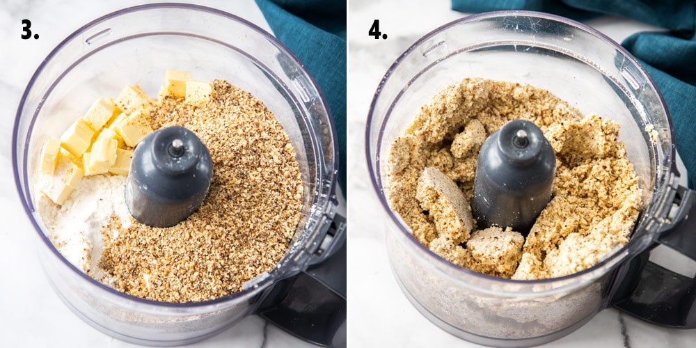 Two images, the first showing pie dough ingredients in a food processor bowl, the second showing them blitzed together
