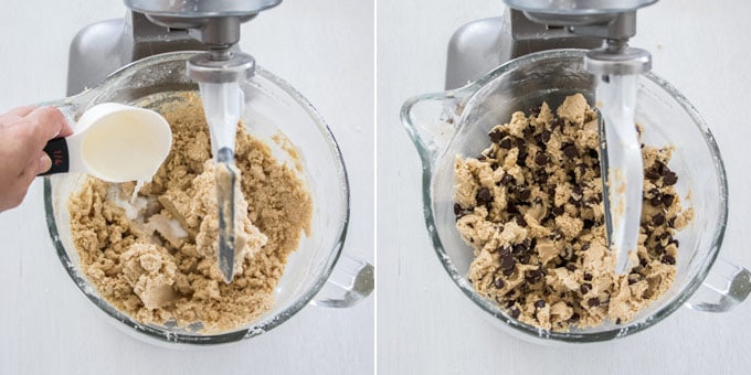 2 photos showing cookie dough be made in a stand mixer