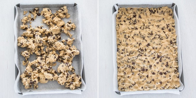 2 photos showing how to add the bottom cookie layer to a baking pan