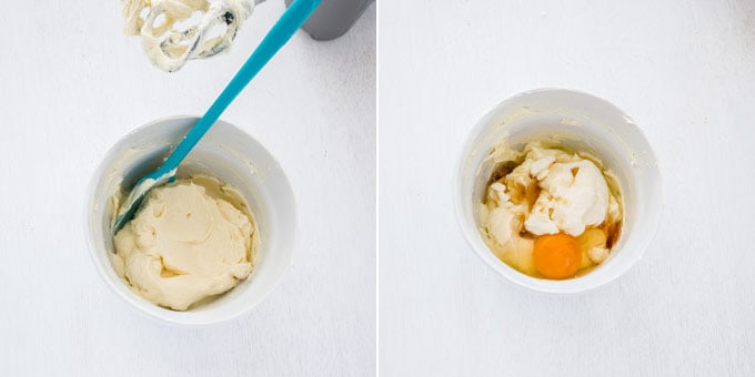 2 photos showing how to make the cheesecake filling