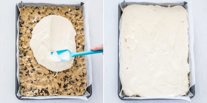 2 photos showing how to add the cheesecake layer on top of the cookie layer