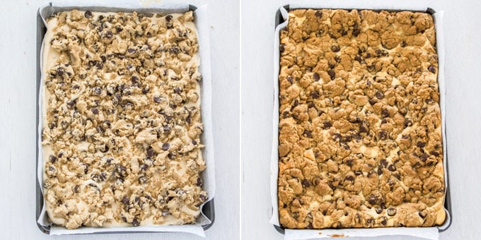 2 photos showing unbaked and baked Chocolate Chip Cheesecake Bars in a baking pan
