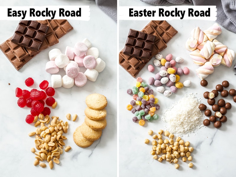 Two images showing the different ingredients that can be used in rocky road.