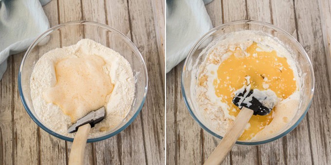 A collage showing how to mix the batter.