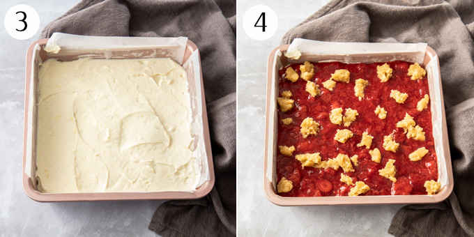 A pink square baking tin showing the top layer of strawberry sauce over cheesecake
