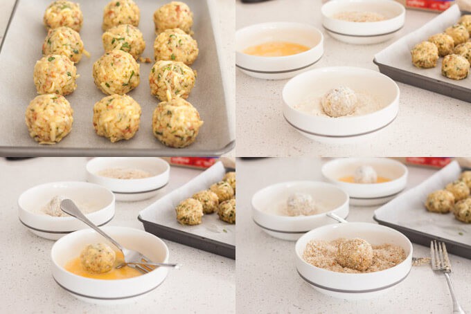 A collage showing how to assemble chorizo arancini.
