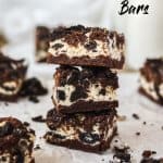 This Oreo Cheesecake Bars recipe is a fun oreo dessert you need to try. A combo of simple cheesecake, homemade chocolate cookie and oreos.