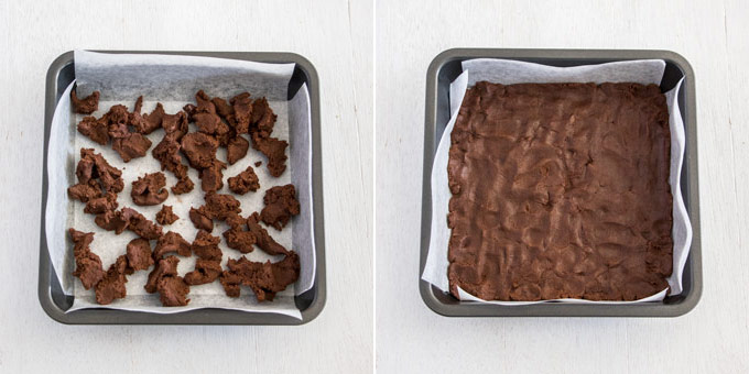 A square baking tin with chocolate cookie dough in the bottom