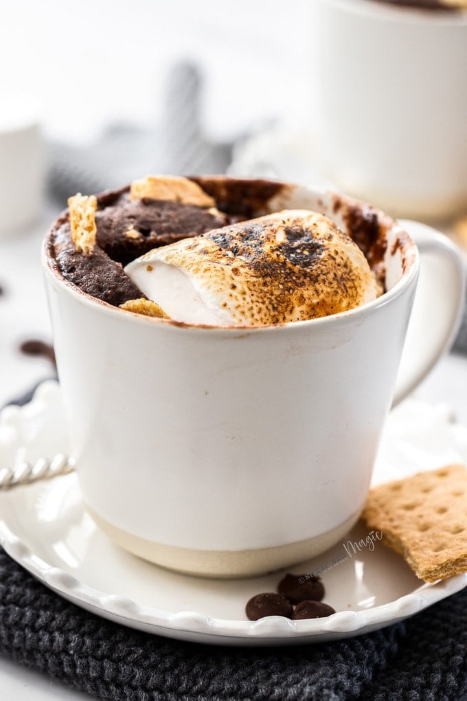 A white cup on a saucer filled with chocolate cake and toasted marshmallow. It sits on a grey crocheted napkin