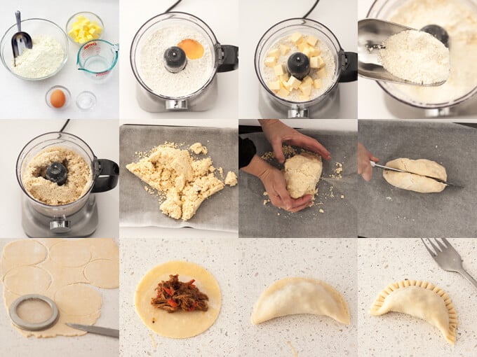 A collage showing the steps to making pulled pork empanadas.