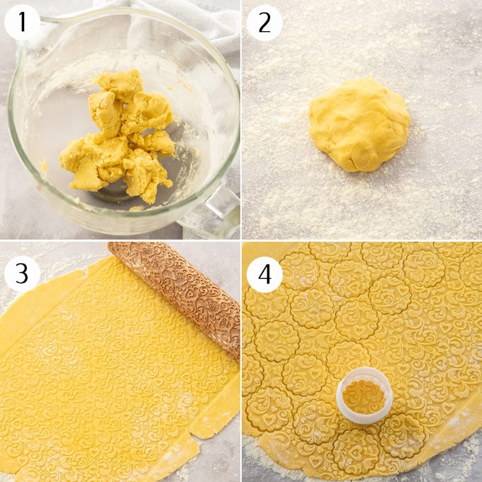 Collage of 4 photos showing how to make custard cream cookie dough