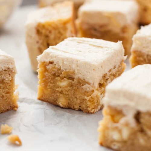 White Chocolate Malted Milk Blondies are a dense, fudgy blondie filled with white chocolate chips and topped with a supremely delicious Malted Milk Buttercream. #maltedmilk #chocmalt