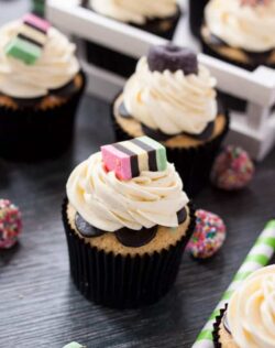 Liquorice Allsorts Cupcakes for Halloween. Perfect little cupcakes with a subtle liquorice flavour and whipped buttercream