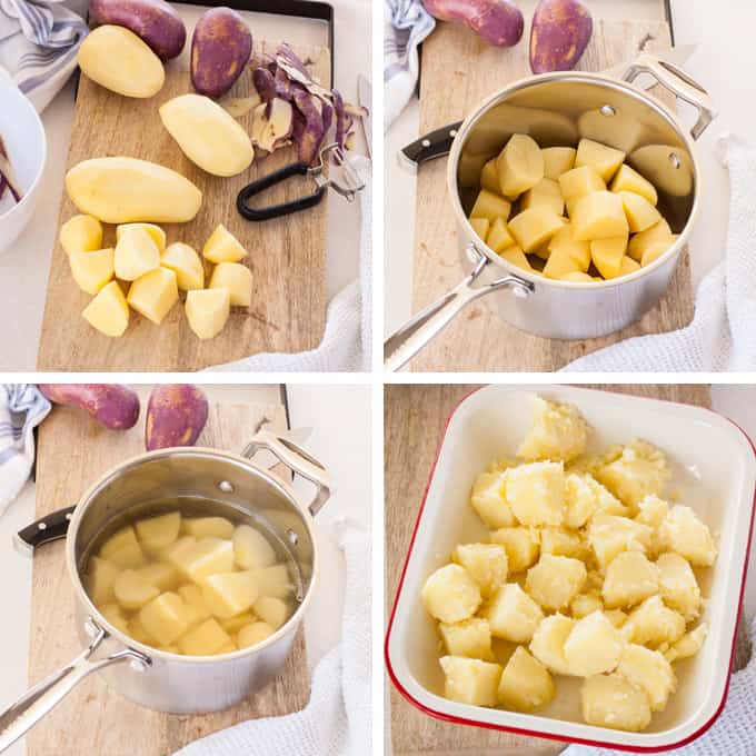 4 images showing the steps to making roast potatoes