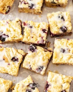 Top down view of 12 lemon blueberry bars
