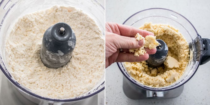 Collage of 2 photos showing how to make pastry dough in a food processor