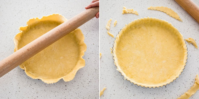 Collage of 2 photos showing pastry dough being place into a tart tin