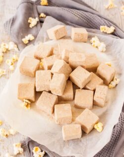 Butter Popcorn Easy Fudge has all the flavour of butter popcorn and fudge in one and not a piece of popcorn in sight. This is an easy fudge recipe with a fun flavour.