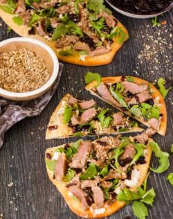 This Lamb Flatbread loaded with Caramelised Onion Relish, Homemade Dukkah, feta and rocket makes an easy and amazing lunch or dinner.