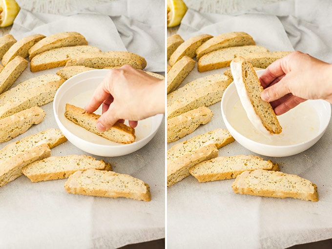 Showing dipping biscotti in lemon glaze.